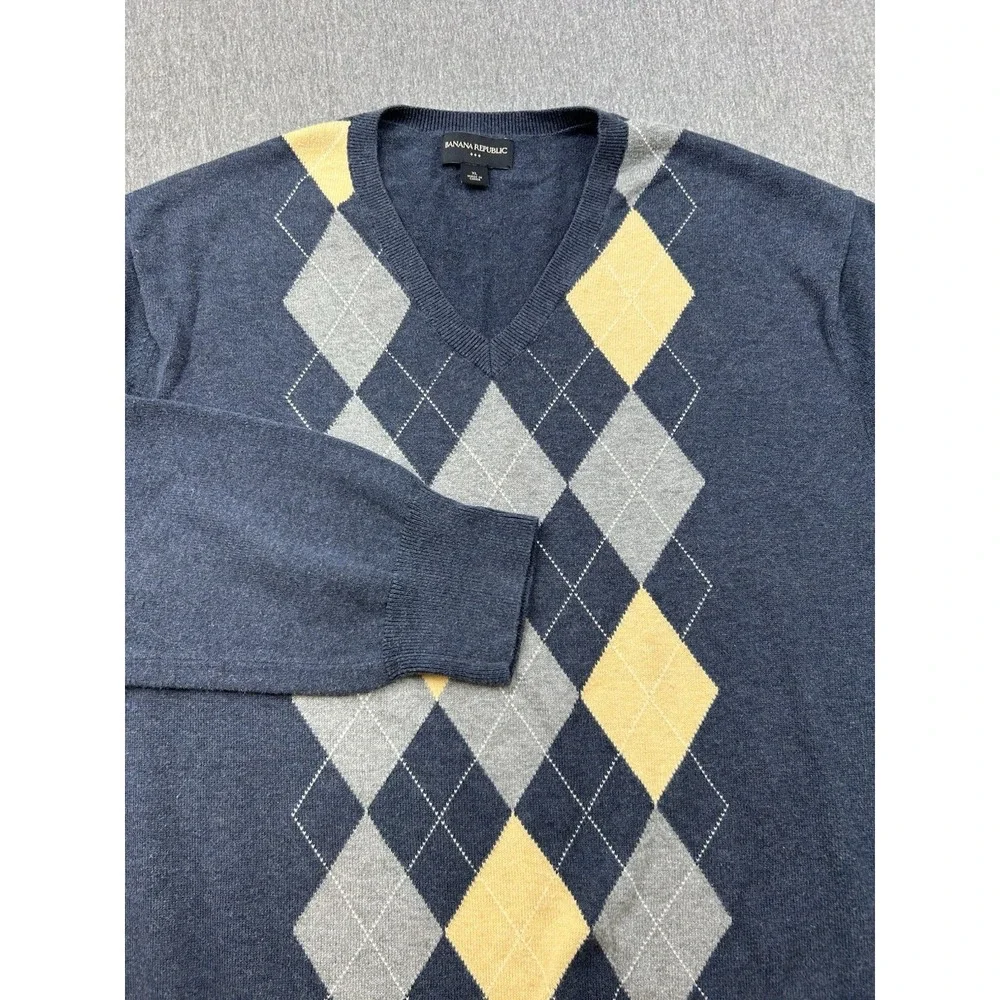 Banana Republic Cotton Argyle Sweater‎ Mens XL Pullover Blue Yellow Gray Vneck